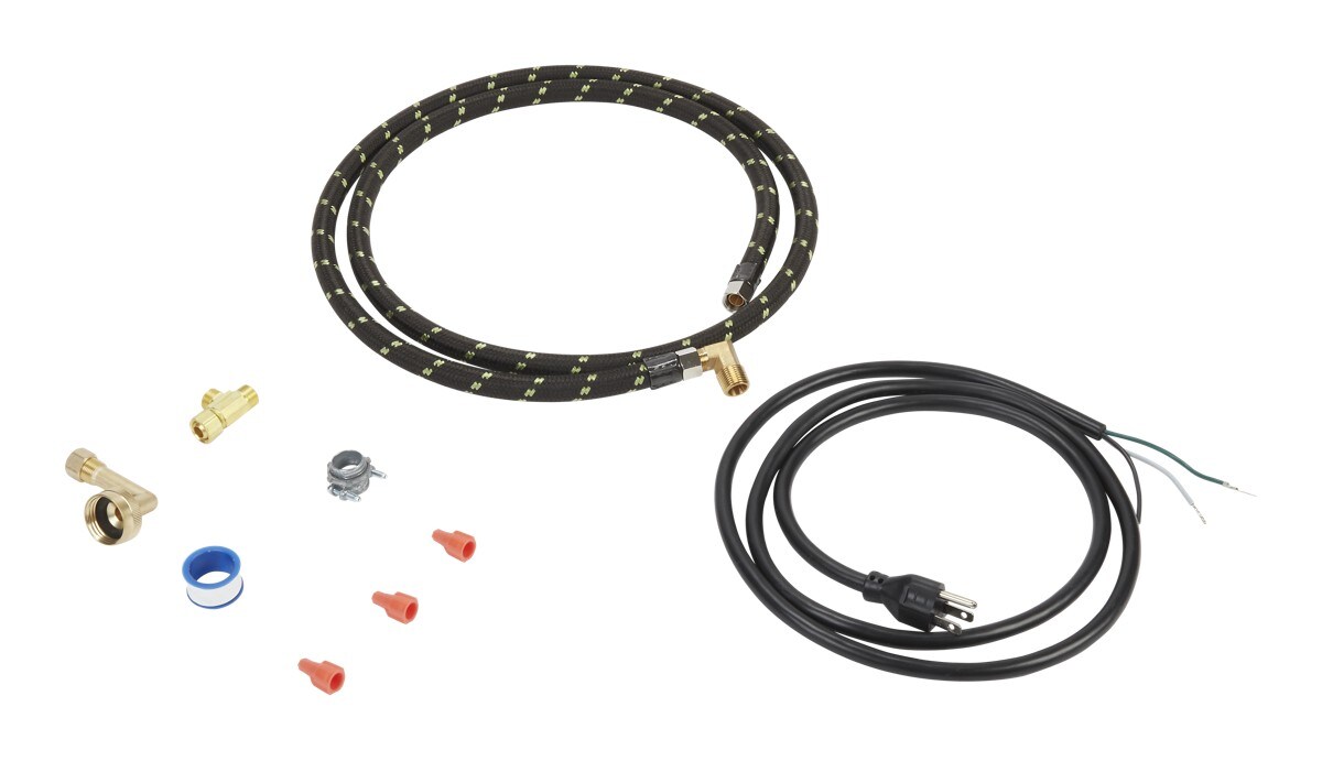 Dishwasher Water Line Installation Kit with 6' braided hose, 3/8" compression fitting, washers, and 5' 3-prong cord - Black