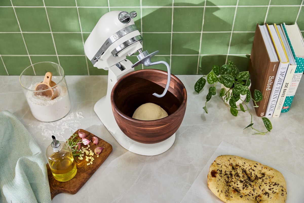 Artisan® Series 5 Quart Tilt-Head Stand Mixer with Walnut Wood Bowl - Porcelain White - Image 8